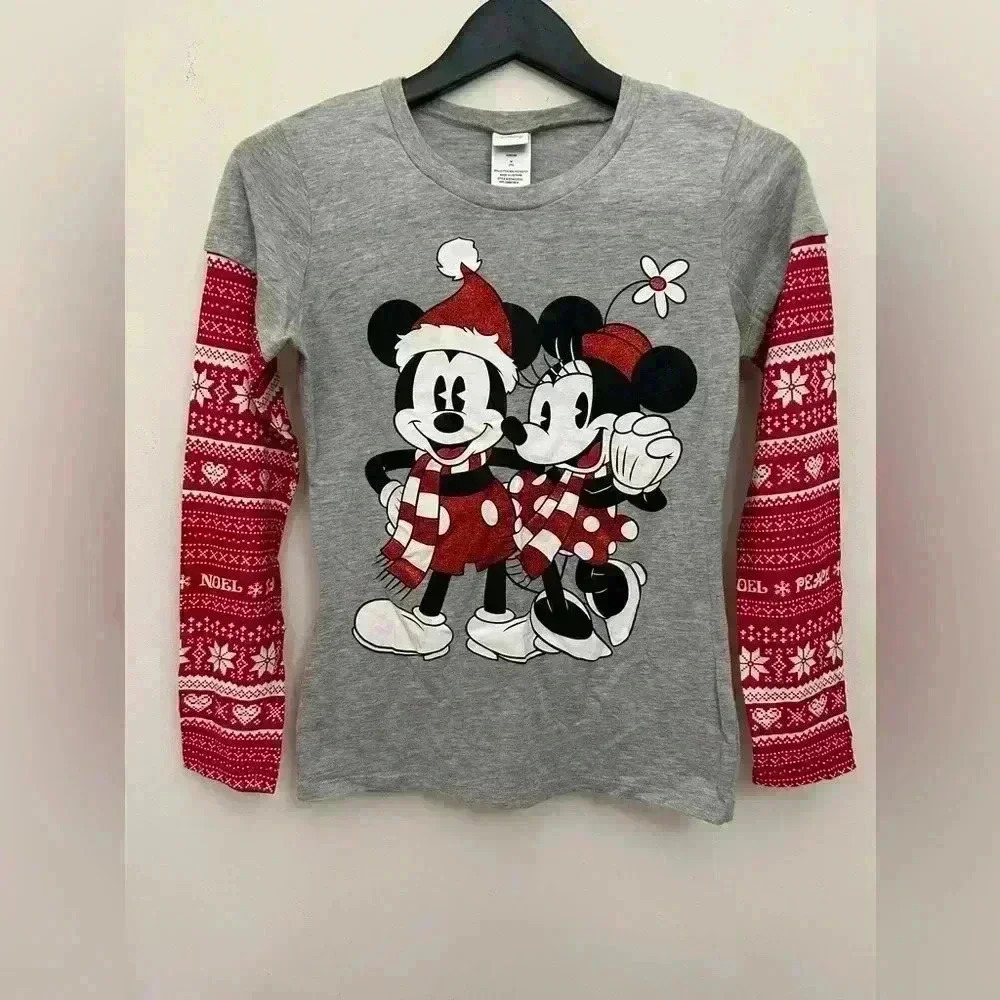 Disney Christmas Mickey Minnie Shirt Junior Sparkly Gray Long Sleeve Size M 7/9